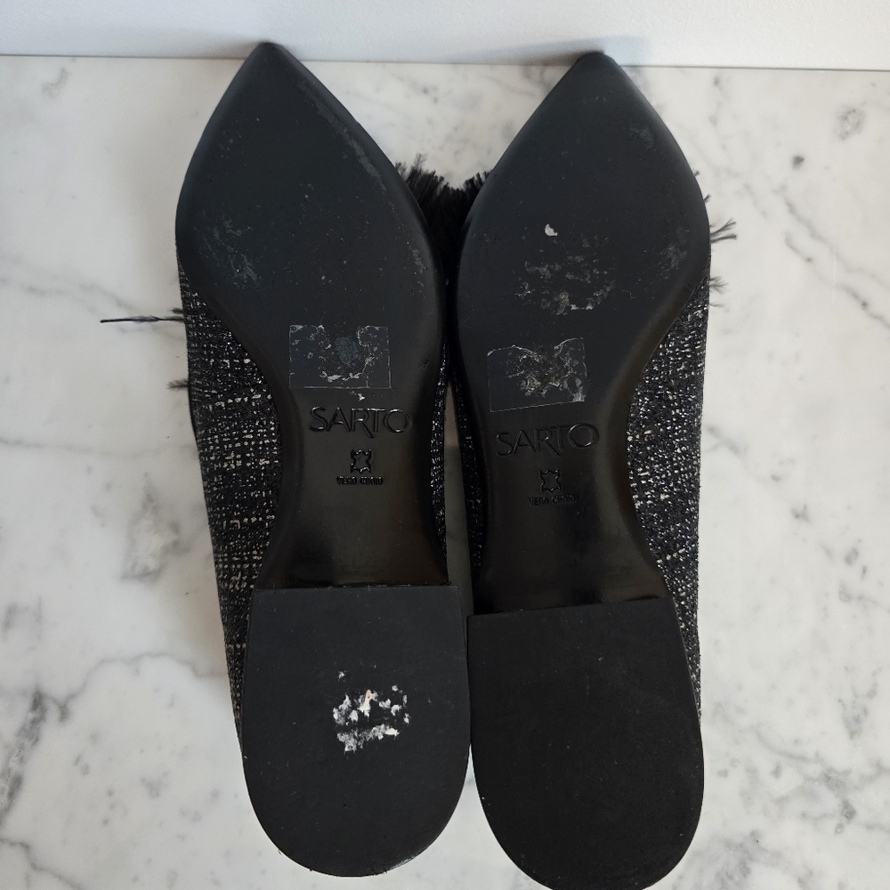 Franco Sarto TOPAZ Black Tweed Shimmer Feather Tassel Point Toe Flats Size 7 - Picture 9 of 12